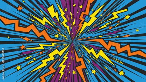 Vibrant comic book style explosion background with colorful lightning bolt and star burst effect
