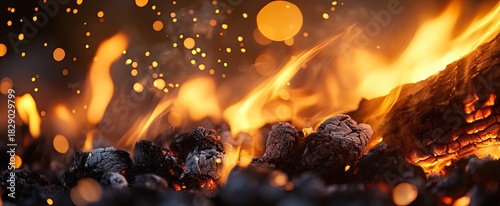 Intense Fire: Burning Wood, Glowing Coals, and Dancing Bokeh Sparks