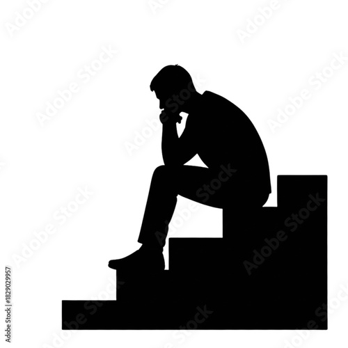 Black silhouette of a person sitting on stairs, relaxed forward-leaning pose, minimalistic urban design, transparent background.svg
