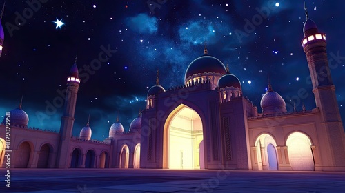 Majestic Mosque Under Starry Night Sky, Illuminated Arches and Minarets