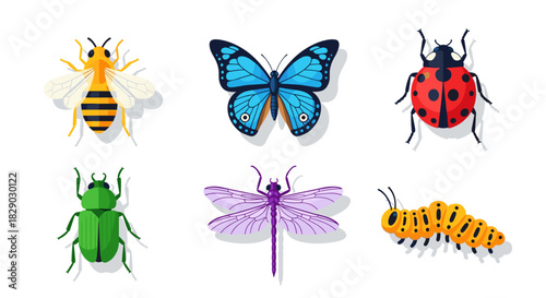 Collection of six colorful insect icons including a bee, butterfly, ladybug, beetle, dragonfly, and caterpillar