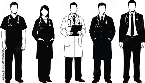 Diverse Medical Professionals Vector Illustration Set with Doctors and Nurses in Uniforms, Scrubs, and Lab Coats