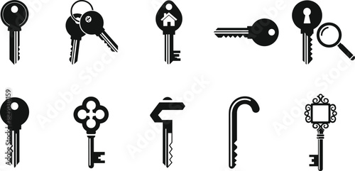 Key and Skeleton Key Black Silhouettes Vector Set for Security, Real Estate, Locksmith Services, and Digital Access Icons