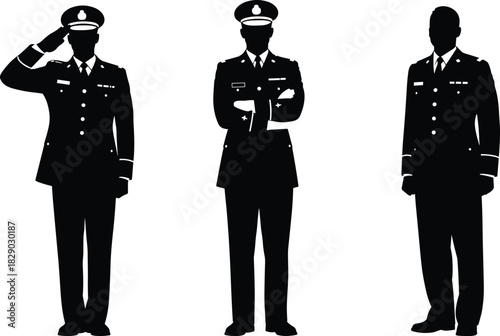 Men in Formal Uniforms Saluting, Standing at Attention, and Posing for Government and Defense Concepts.
