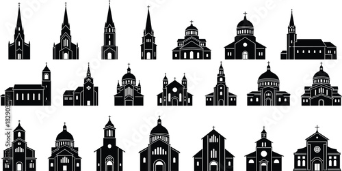 Religious Buildings with Crosses, Spires, and Domes for Faith and Architecture Design.