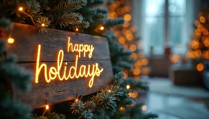 Bright golden happy holidays script glows on dark rustic wooden board. Evergreen fir branches with sparkling string lights adorn festive seasonal decoration. Soft blurred backdrop of warm golden