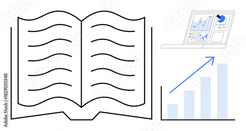 Open book with text, laptop displaying charts and a pie graph, and upward arrow with bar graph. Ideal for education, research, data analysis, learning, progress, business growth simple flat metaphor