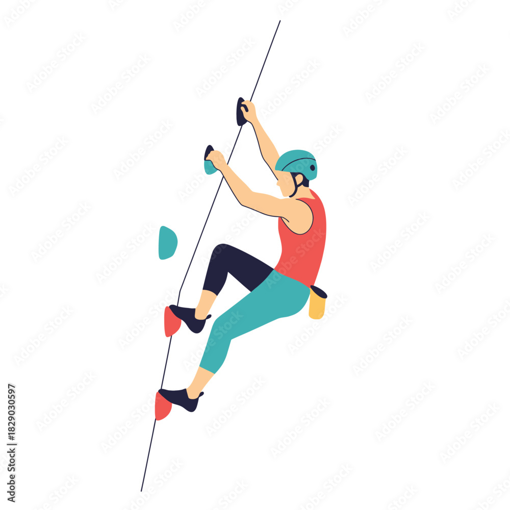 Obraz premium Illustrator Depicts A Person Rock Climbing Up A Wall With Safety Gear And Colorful Clothing