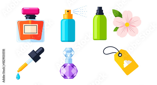 Collection of perfume bottles, spray dispenser, dropper, flower, and price tag