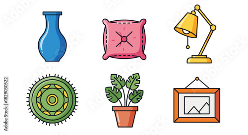 Collection of six colorful home decor icons including vase pillow lamp wall art plant and decorative object
