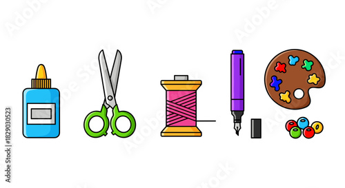 Collection of craft and art supply icons including glue, scissor, thread, marker, and paint palette