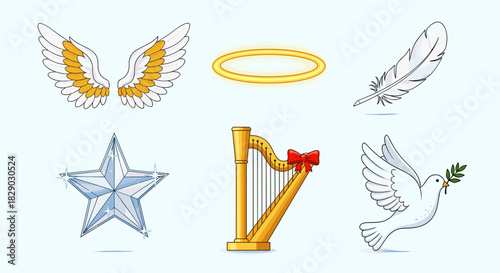 Collection of religious and spiritual symbols including angel wing, halo, feather, star, harp, and dove