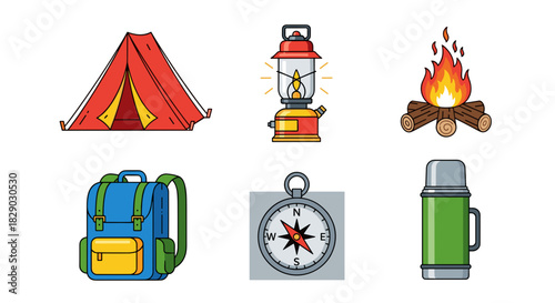 Collection of essential camping and hiking gear icons including tent, lantern, fire, backpack, compass, and thermos