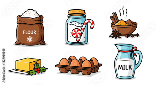 Collection of baking ingredient icons for christmas cookie recipe