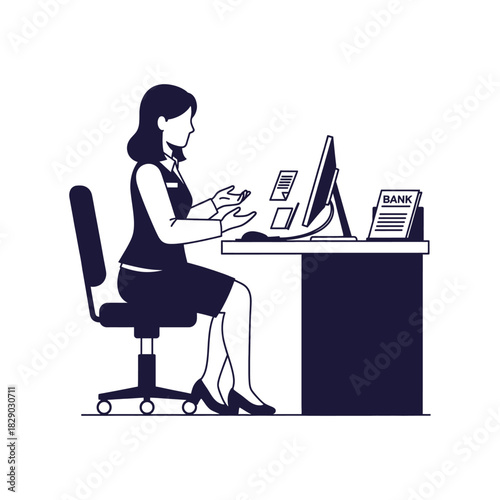 A Female Bank Teller Working at a Computer, Providing Customer Service