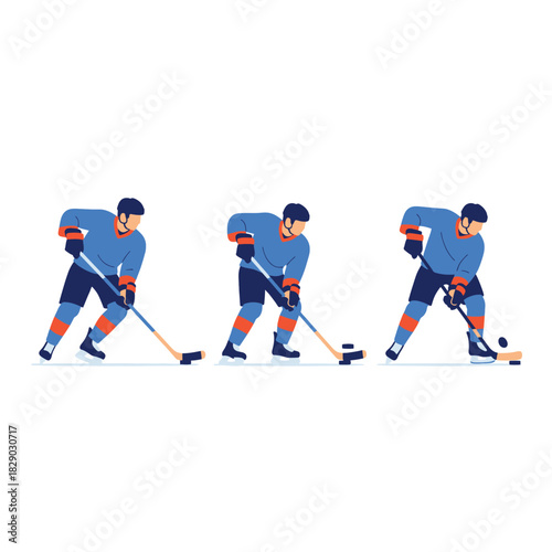 Hockey Player Actions Stages of Puck Handling, Dribbling, and Scoring in Illustrated Style