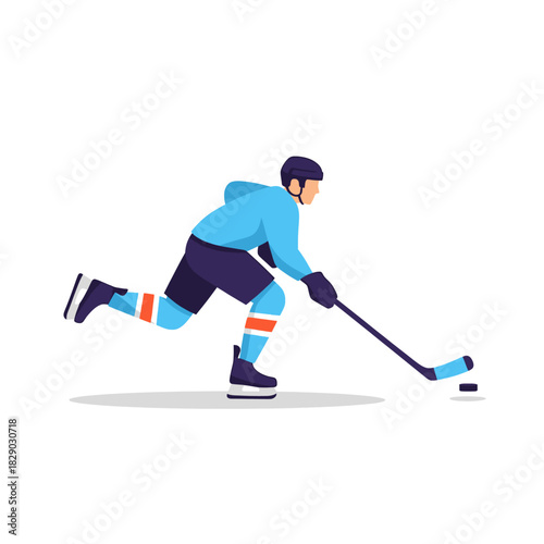 Vibrant vector illustration of an ice hockey player actively skating and controlling the puck with a stick, embodying the spirit of competitive winter sports action