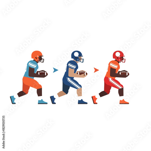 Three Football Players Running with the Ball in Different Color Uniforms