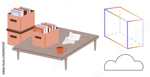 Boxes with documents on a wooden table alongside papers and a coffee cup, complemented by abstract cube and cloud graphics. Ideal for storage, workspace, organization, minimalism, creativity