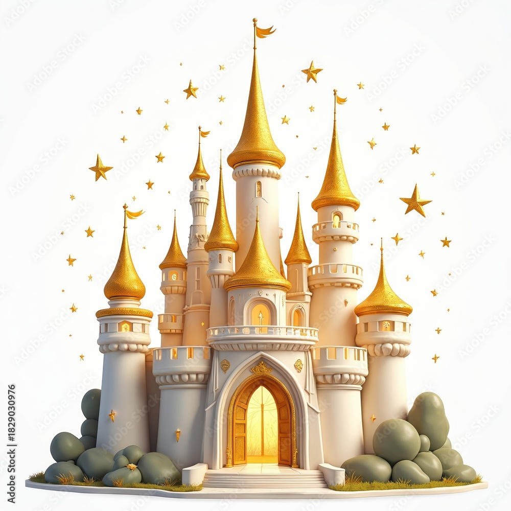 Naklejka premium Golden castle with white walls and towers. Gold spires and open door. Stars shining around. Fantasy architecture with rocks and grass. Fairy tale royal building