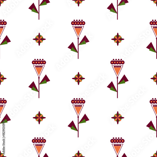 Seamless abstract floral pattern. Orange, purple, green, white. Vector. Botanical texture. Decorative ethnic ornament. Design for textile fabrics, wrapping paper, background, wallpaper, cover.