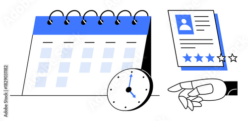 Calendar with spiral binding, clock showing time, robotic hand interacting with a rated resume. Ideal for time management, recruitment, job search, HR, automation, workforce planning productivity