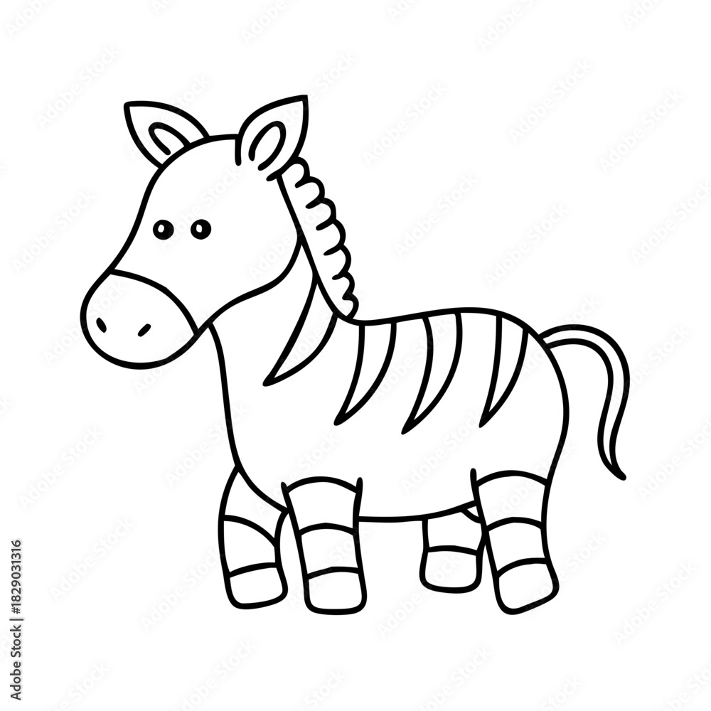 Fototapeta premium A charming and simple black and white outline drawing of a cute cartoon zebra, perfect for childrens coloring books, educational materials, or playful graphic designs
