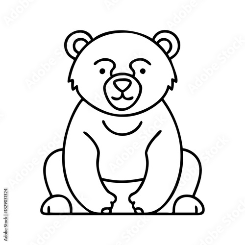 Cute cartoon bear cub sitting, simple black outline drawing, adorable wildlife character illustration