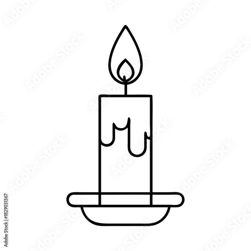 A clean and simple line art illustration of a lit candle with a flickering flame and melting wax, resting on a small circular holder, depicted in a minimalist black and white style