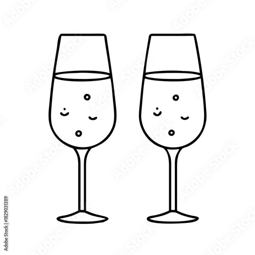 A minimalist line art illustration depicting a pair of tall, slender champagne glasses with effervescent liquid, ideal for toasts and festive events