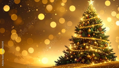 Festive Golden Christmas Tree Illuminated with Warm Lights and Bokeh Effect, Perfect for Holiday Greetings