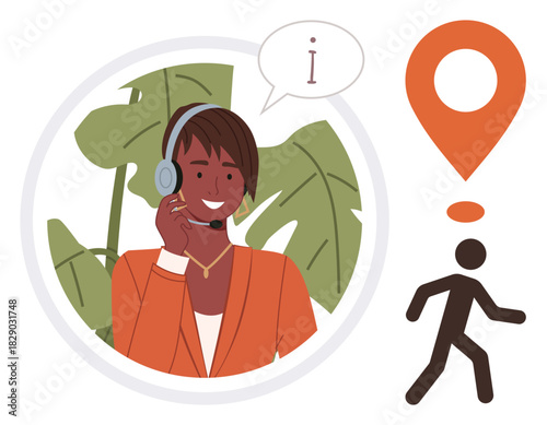 Smiling woman with headset answering questions, speech bubble with information icon, map pin, walking figure. Ideal for customer service, navigation, guidance, communication, travel technology