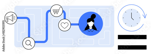 Pathway connecting icons for marketing, shopping, heart symbol, user profile, and clock, emphasizing customer journeys, targeting, and decision-making. Ideal for marketing user experience branding