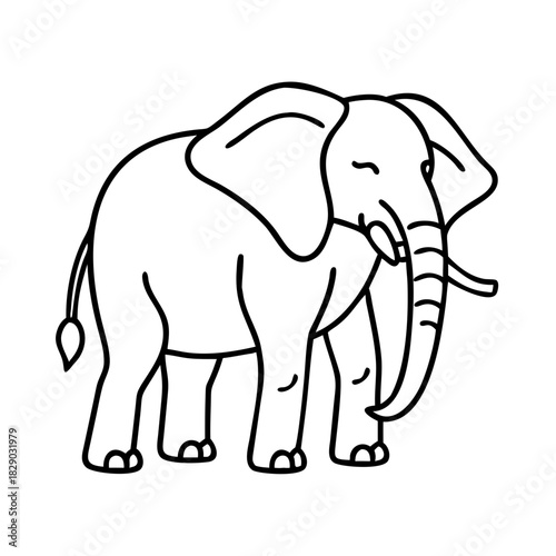 Simple black and white line art illustration of an elephant, standing with its trunk curled and large ears, a majestic and iconic animal