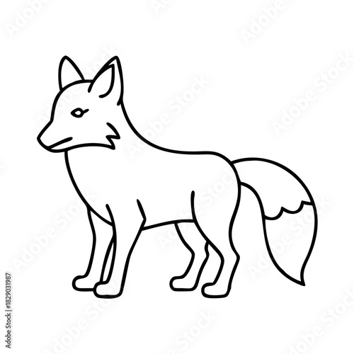 Simple black outline drawing of a fox standing, looking to the left, with a bushy tail, representing wildlife and nature