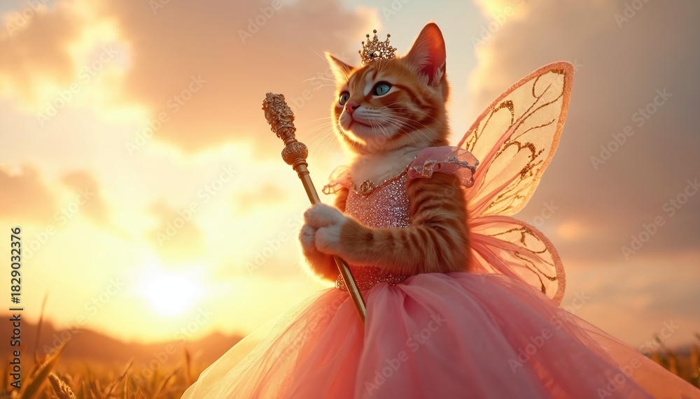 Obraz premium Cute orange tabby cat wears pink fairy princess dress, small crown, delicate wings. Pet holds magic scepter outdoors in golden hour light. Feline looks elegant in costume, standing in sunset field