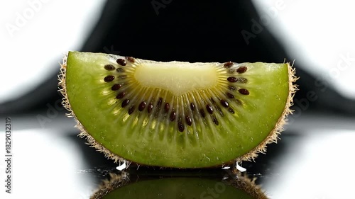 Close up of a fresh kiwi slice with seeds visible on a reflective surface.