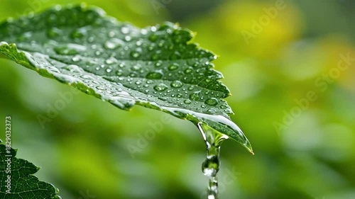Close up of a green leaf with water droplets after rain.