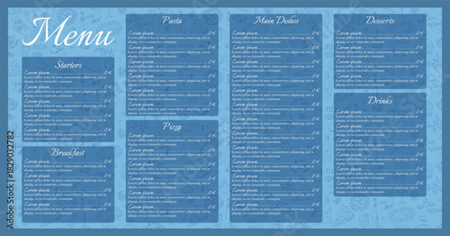 Mediterranean menu design, restaurant branding template with hand-drawn cuisine icons: pizza, spaghetti, seafood, olives, lemons. Vector modern layout for dining card or brochure