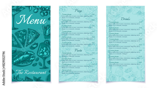Italian restaurant menu template with Mediterranean lemon theme. Elegant Greek-inspired patterns and citrus illustrations for bar branding, summer dining cards, and cocktail designs. Vector art