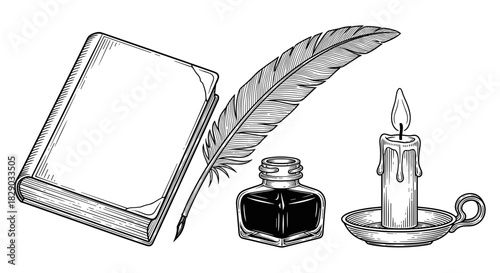 Vintage writing set with quill pen, inkwell, blank book, and burning candle