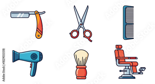 Set of barber shop tool icons including razor, scissor, comb, dryer, brush, and chair