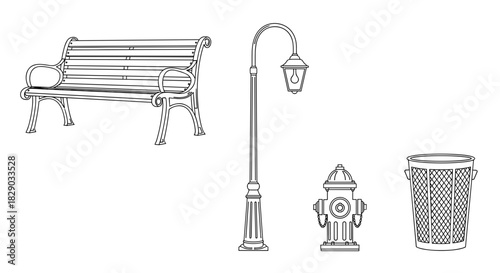 Set of black and white line art icons for park and street furniture