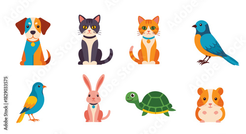Collection of cute cartoon domestic pet animal icons including dog cat bird rabbit turtle hamster