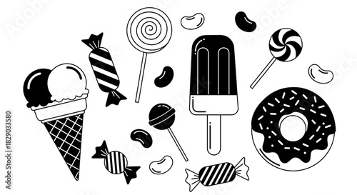 Collection of black and white sweet candy icons including lollipop, ice cream, popsicle, donut, and jelly bean