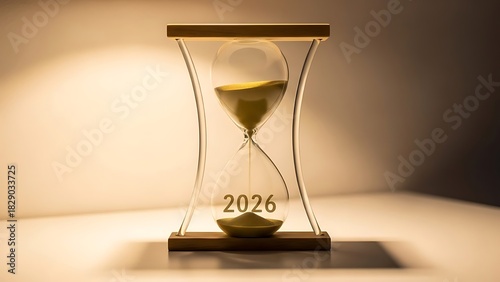 New Year 2026 hourglass countdown with golden sand on a warm minimalist background, symbolizing time and year transition | Happy new year 2026 | 2026 | Happy new year
