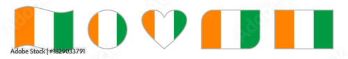Set of Five Ivory Coast Flag Vector Icons Featuring Wave, Circular Badge, Heart Shape, Rounded Rectangle and Flat Design Elements in Vibrant Orange, White and Green Tricolor Layout