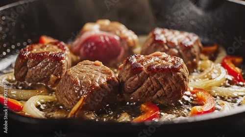 Delicious sizzling steak cooking in a pan with vegetables and spices.