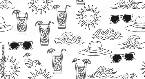 Seamless pattern of summer vacation icons like sun, cocktail, wave, hat, and sunglass