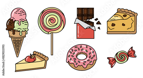 Collection of sweet dessert icons including ice cream, lollipop, chocolate bar, pie, donut, and candy